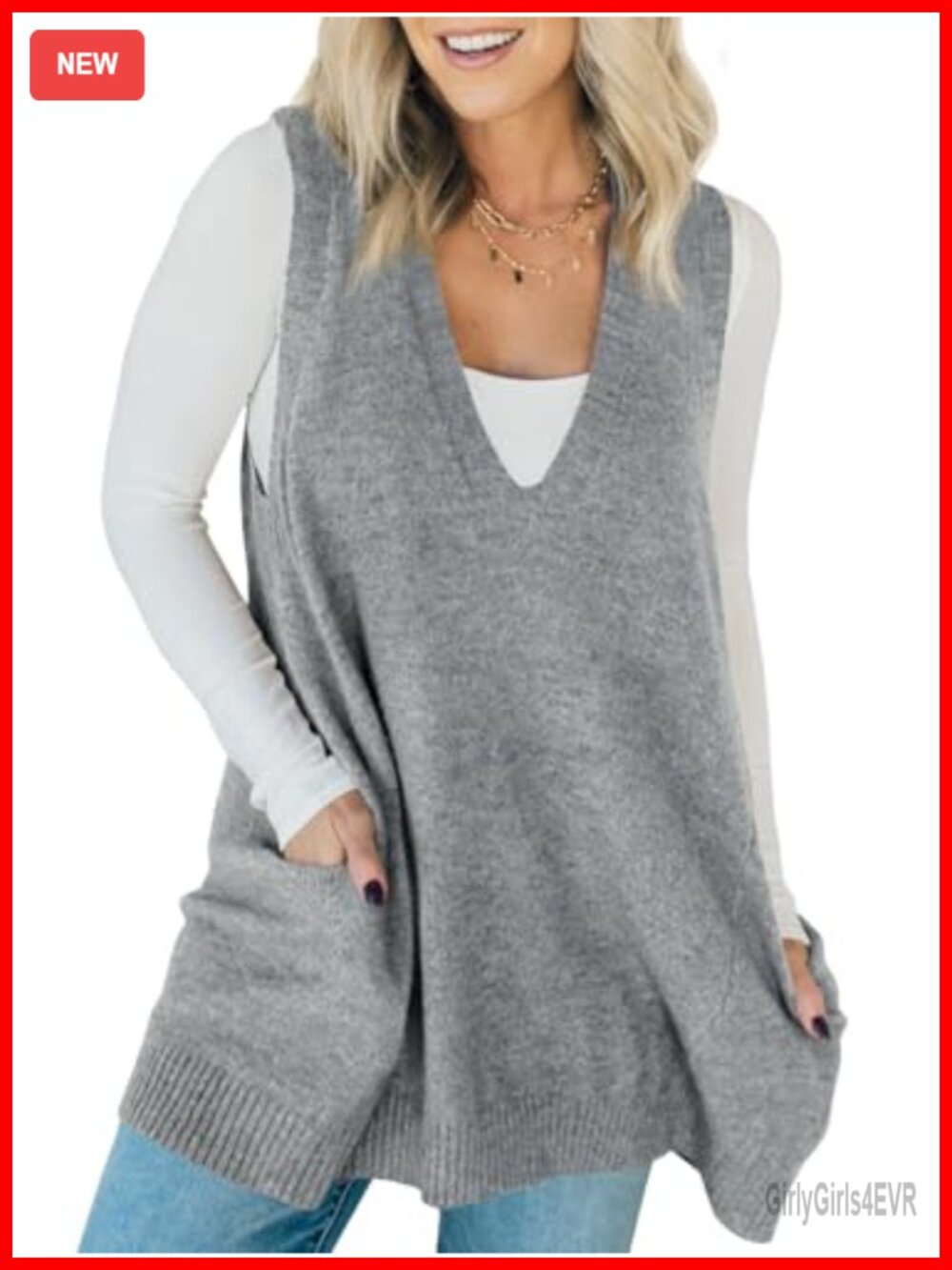 Womens Sleeveless Sweater Vest V Neck Long Tunic Knit Dress Loose Fit